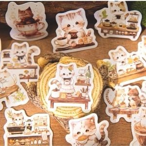 Set of 46 Meow Meow Cafe Stickers Cute Kitty Cats Coffee Cakes Barista Kitties